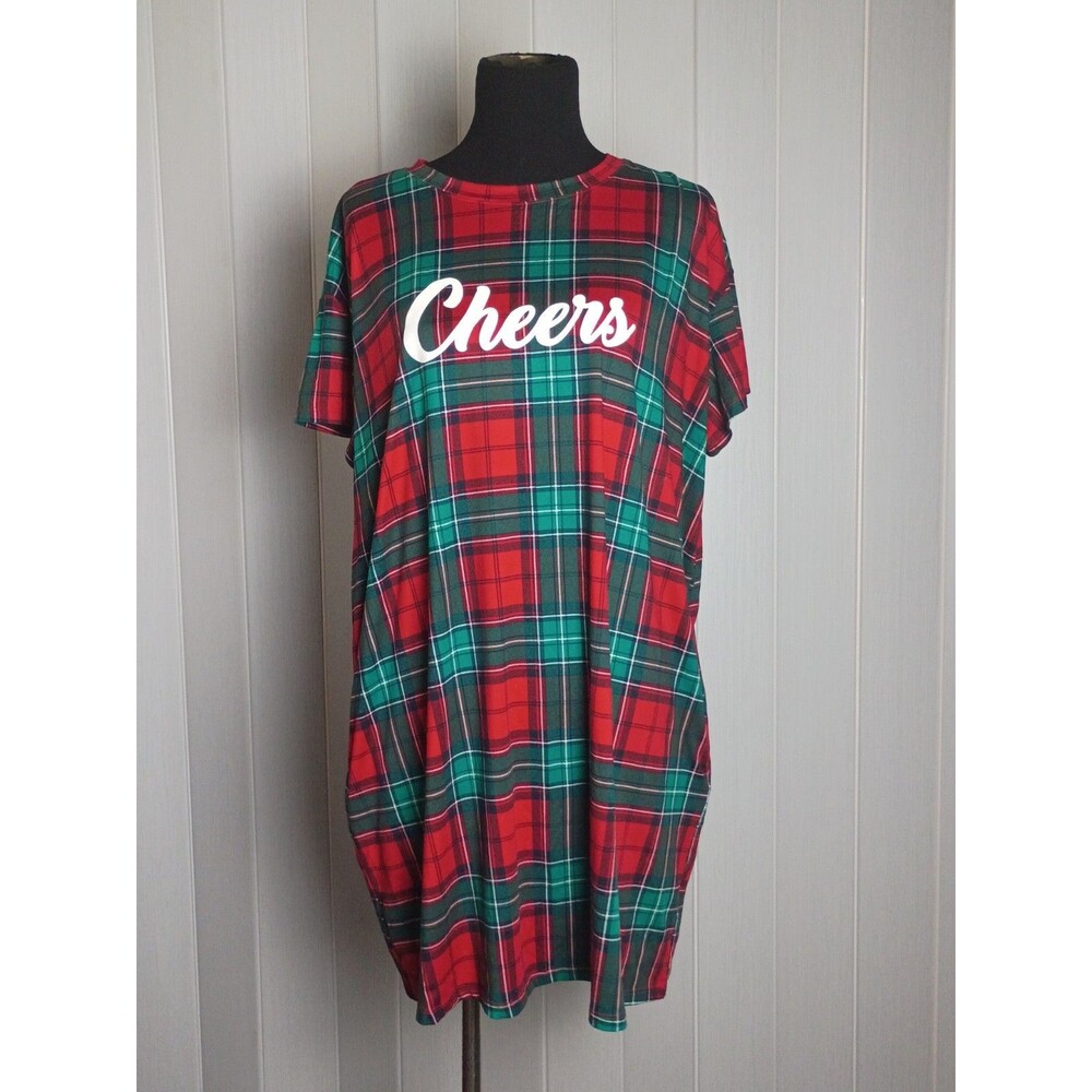 Joyspun Women’s Christmas Plaid Sleepshirt "Cheers" Graphic Red Green L-XL
